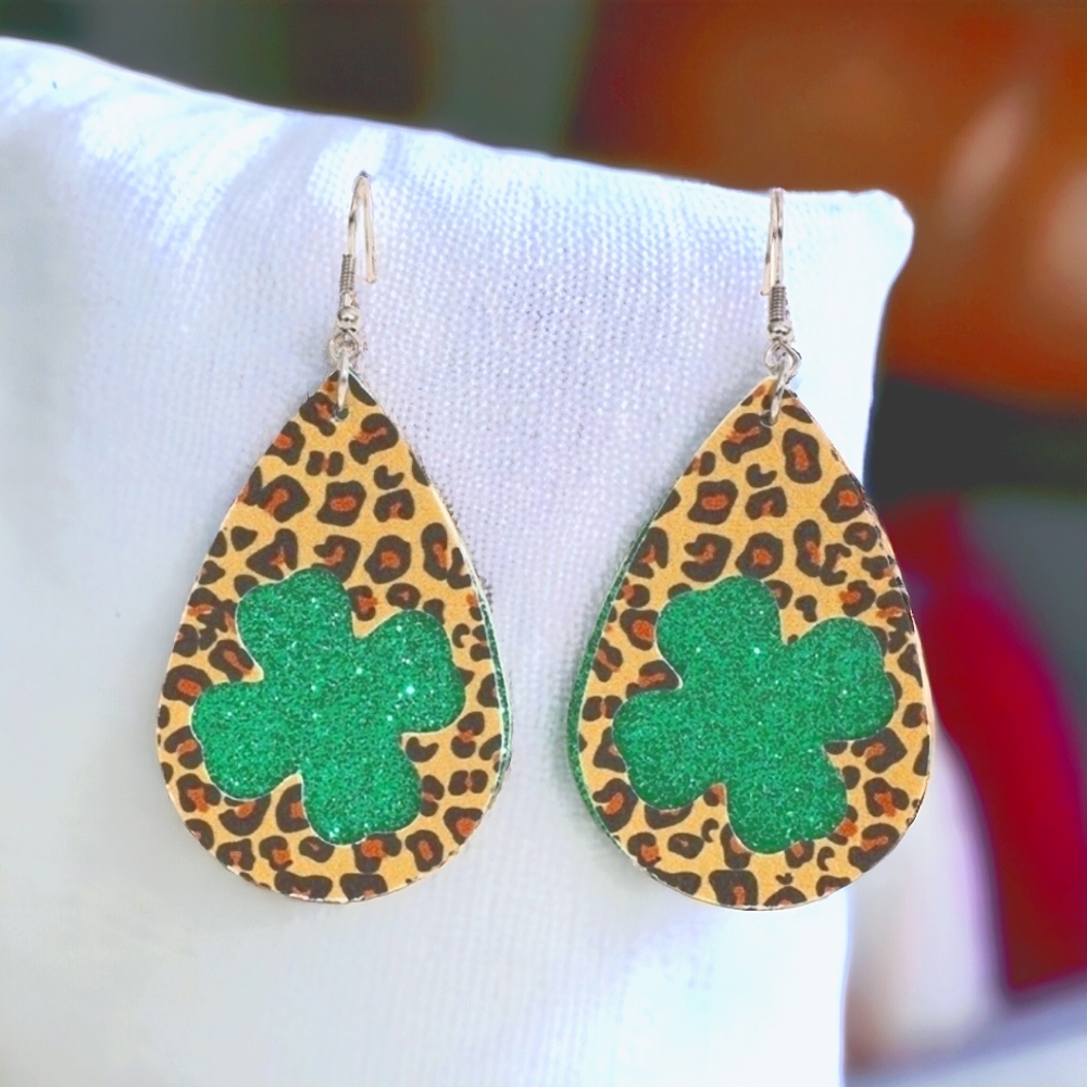 Leopard and Green Glitter Faux Leather Shamrock Dangle St Patricks Earrings ☘️